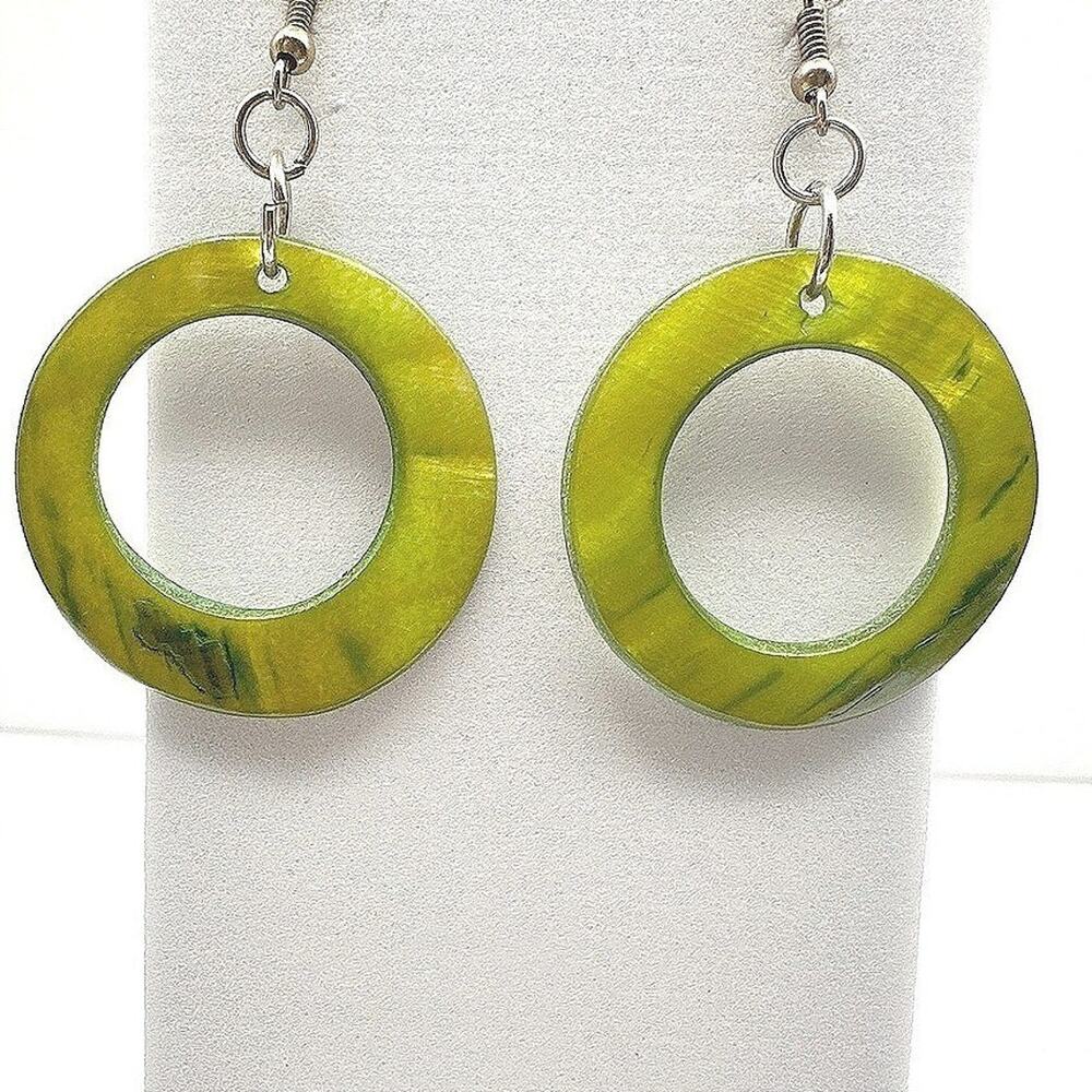 Vintage 90s Lime Green Resin Hoop Drop Earrings Boho Retro Minimalist Jewelry